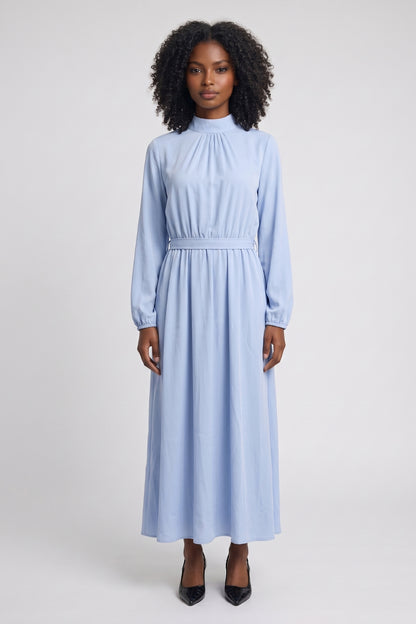 Midi Jurk Dames - Geplooide Rok met Ceintuur en Hoge Hals