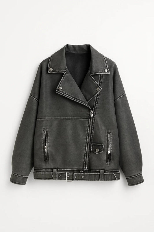Oversized Bikerjack Dames | Asymmetrische Rits en Ceintuur | Stoer en Eigentijds