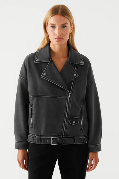 Oversized Bikerjack Dames | Asymmetrische Rits en Ceintuur | Stoer en Eigentijds