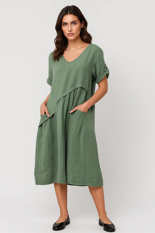 Overslagjurk | V-Hals met Korte Mouwen | Comfortabele Daglook met Zakken