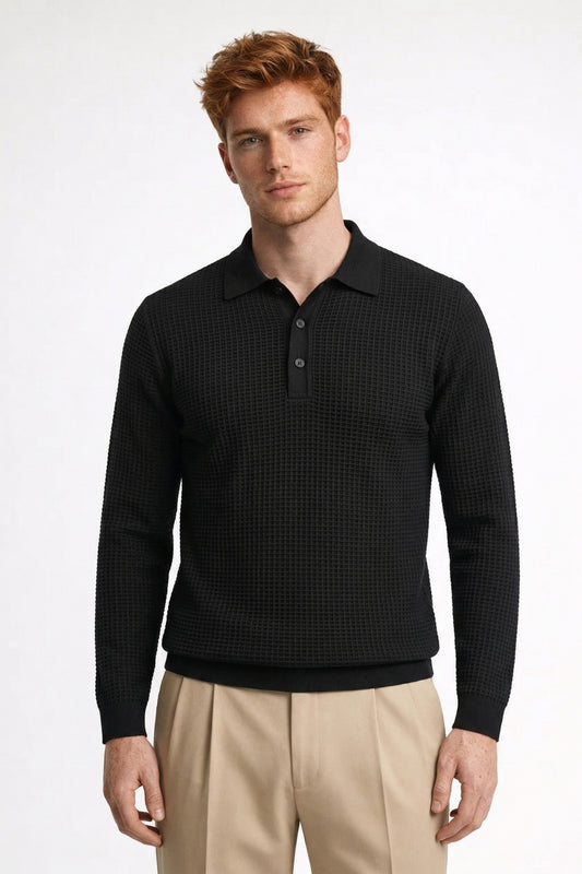 Polo Heren - Gebreid met Structuur en Lange Mouwen | Casual