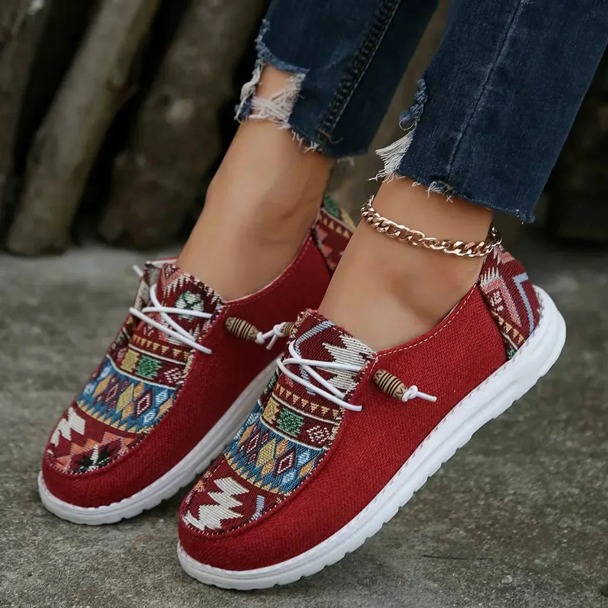 Roos - Boho Comfort Loafers Dames met Etnisch Patroon en Lichte Vetersluiting