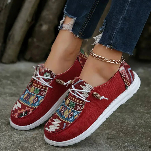 Roos - Boho Comfort Loafers Dames met Etnisch Patroon en Lichte Vetersluiting