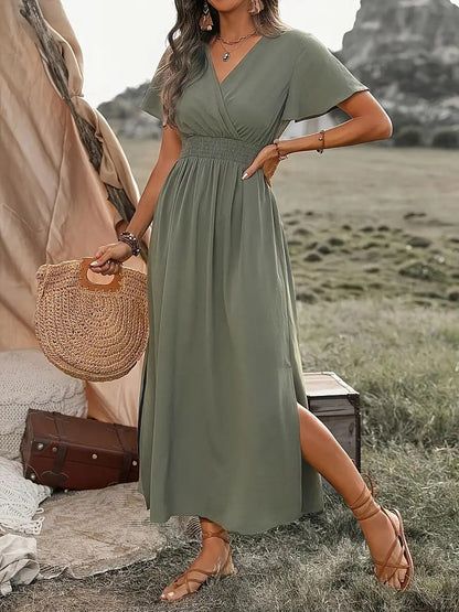 Roos - Boho Zomerjurk Dames met V-hals en Elastische Taille