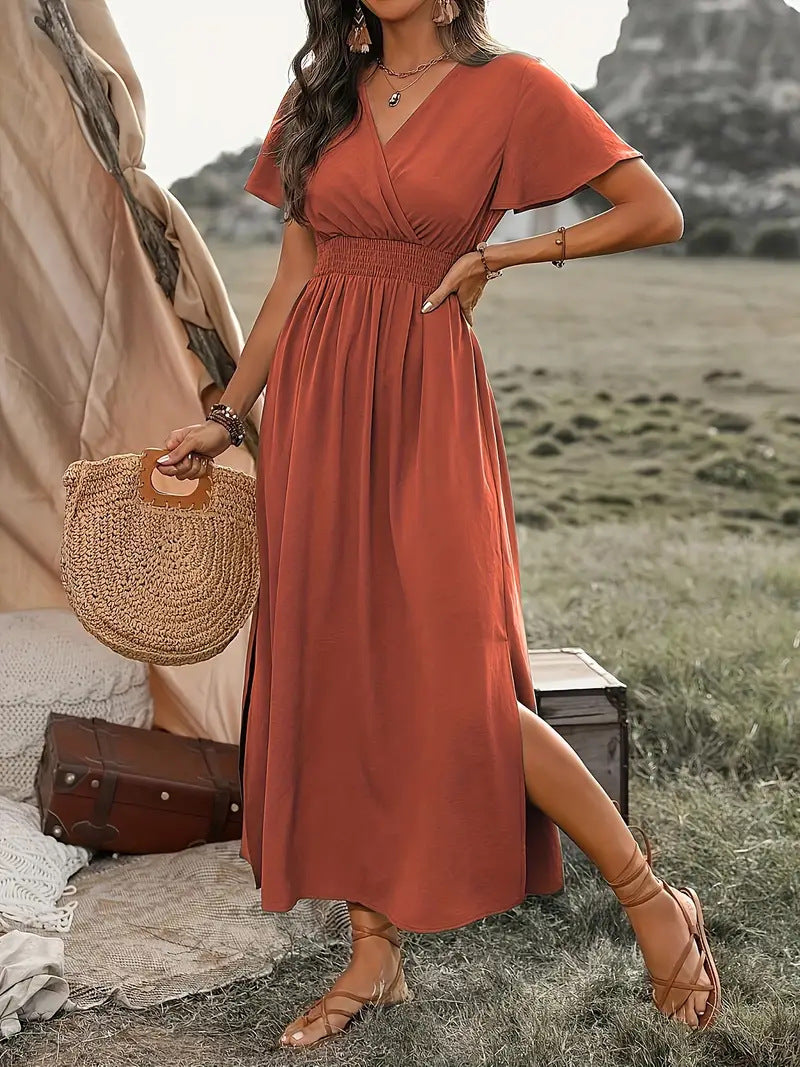 Roos - Boho Zomerjurk Dames met V-hals en Elastische Taille