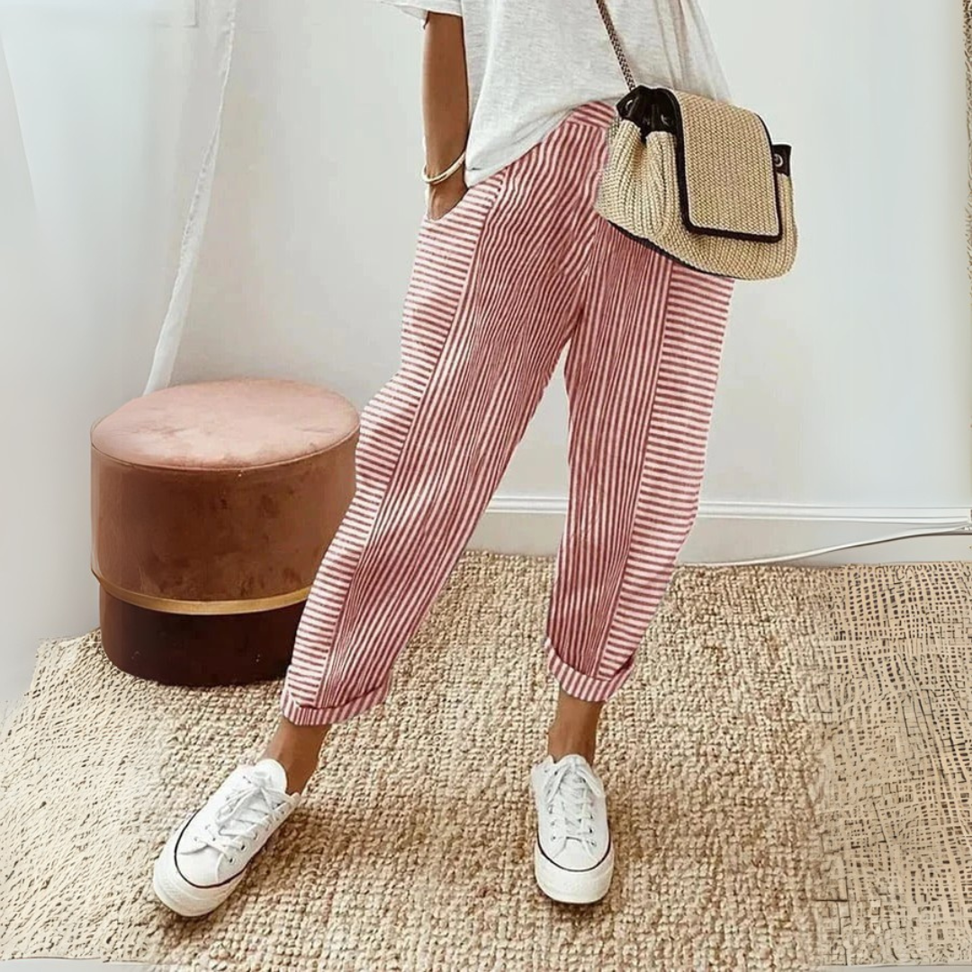 Roos - Casual Linnen Pantalon Dames met Gestreept Patroon en Elastische Enkels
