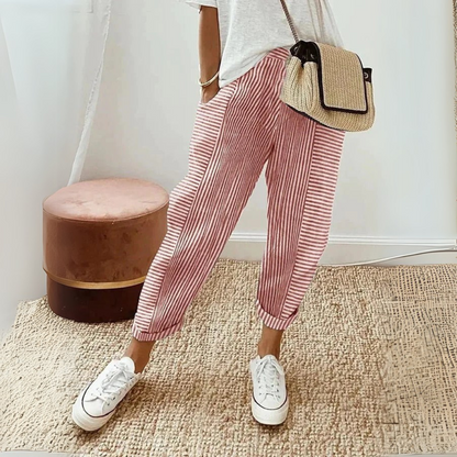 Roos - Casual Linnen Pantalon Dames met Gestreept Patroon en Elastische Enkels
