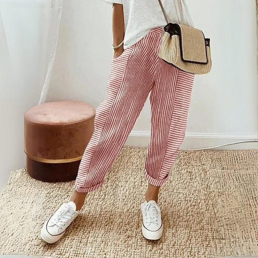 Roos - Casual Linnen Pantalon Dames met Gestreept Patroon en Elastische Enkels