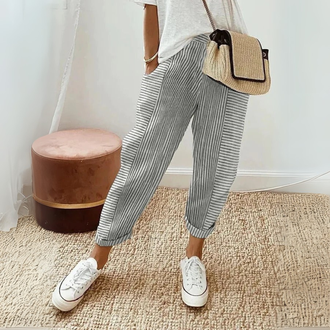 Roos - Casual Linnen Pantalon Dames met Gestreept Patroon en Elastische Enkels