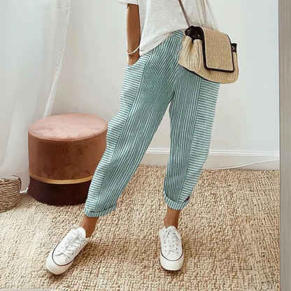 Roos - Casual Linnen Pantalon Dames met Gestreept Patroon en Elastische Enkels