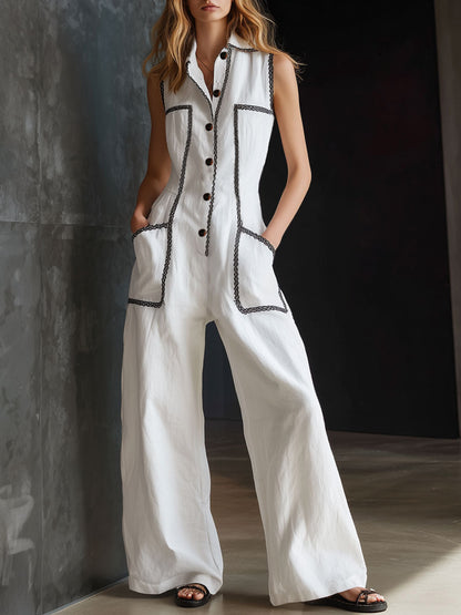 Roos - Chique Linnen Jumpsuit Dames met Knoopsluiting en Wijde Pijpen