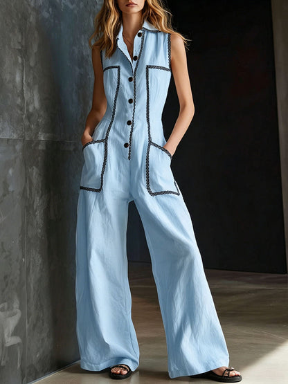 Roos - Chique Linnen Jumpsuit Dames met Knoopsluiting en Wijde Pijpen