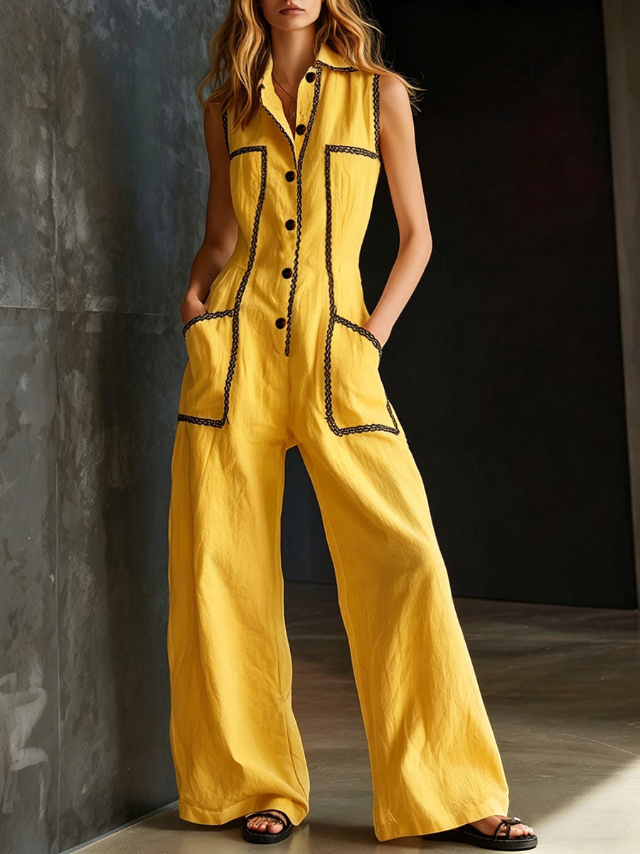 Roos - Chique Linnen Jumpsuit Dames met Knoopsluiting en Wijde Pijpen