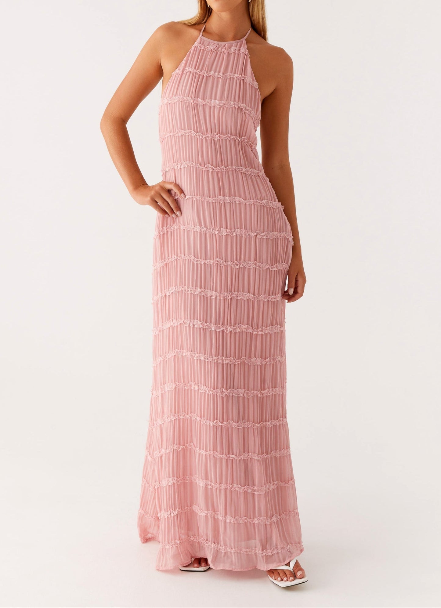 Roos - Elegante Bruiloft Gastenjurk Dames met Halterhals en Gestructureerde Textuur
