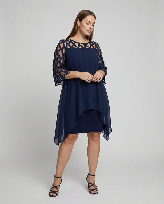 Roos - Elegante Grote Maten Midi Jurk Dames met Asymmetrische Zoom en Driekwart Mouw