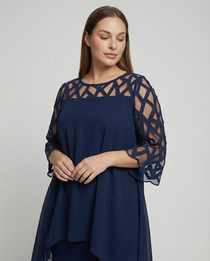 Roos - Elegante Grote Maten Midi Jurk Dames met Asymmetrische Zoom en Driekwart Mouw