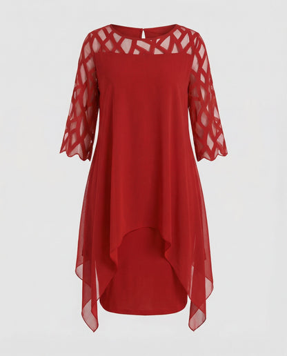 Roos - Elegante Grote Maten Midi Jurk Dames met Asymmetrische Zoom en Driekwart Mouw