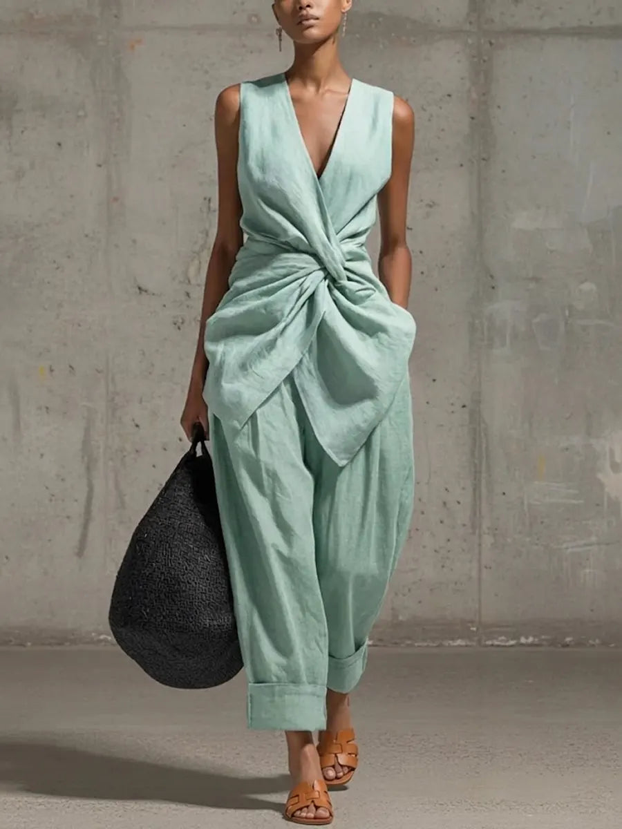 Roos - Elegante Linnen Set Dames met Gedraaide Knoop Top en Wijde Broek