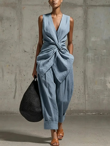 Roos - Elegante Linnen Set Dames met Gedraaide Knoop Top en Wijde Broek