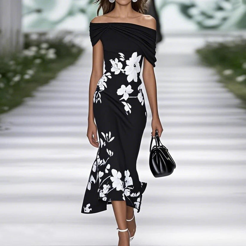 Roos - Elegante Zomerjurk Dames Midi met Off-Shoulder en Bloemenprint