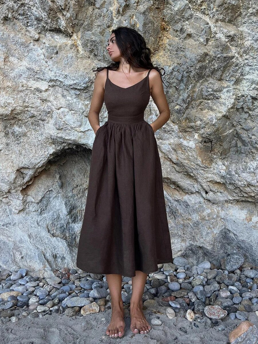 Roos - Romantische Zomerjurk Dames Midi met Strikbandjes en Uitlopende Rok