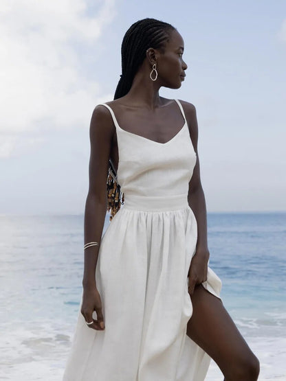 Roos - Romantische Zomerjurk Dames Midi met Strikbandjes en Uitlopende Rok