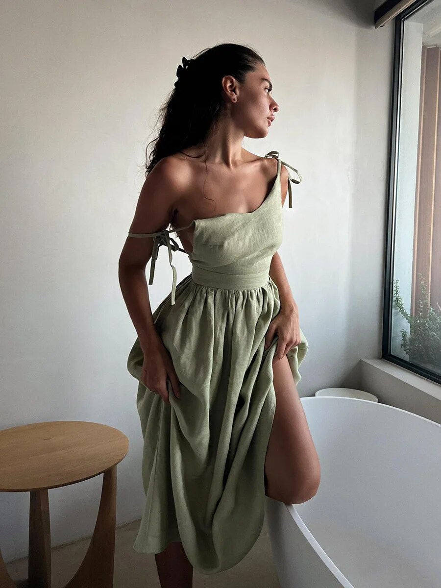 Roos - Romantische Zomerjurk Dames Midi met Strikbandjes en Uitlopende Rok