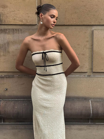 Roos - Stijlvolle Bruiloft Gastenjurk Dames Strapless met Contrastbies en Striksluiting