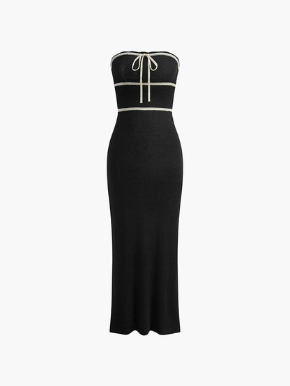 Roos - Stijlvolle Bruiloft Gastenjurk Dames Strapless met Contrastbies en Striksluiting