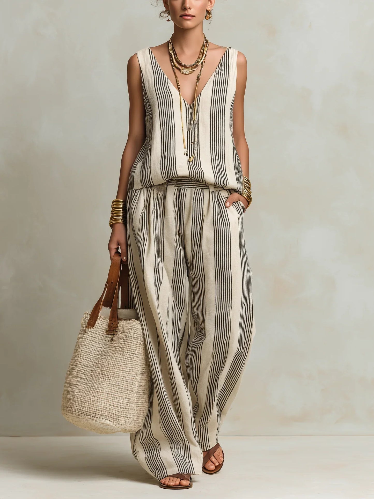 Roos - Stijlvolle Linnen Set Dames met Gestreepte Maxi Rok en Mouwloos Top