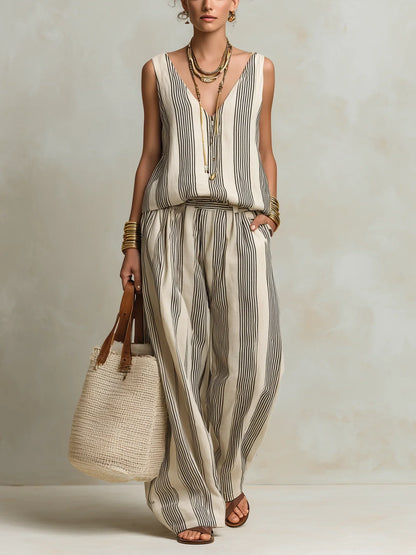Roos - Stijlvolle Linnen Set Dames met Gestreepte Maxi Rok en Mouwloos Top