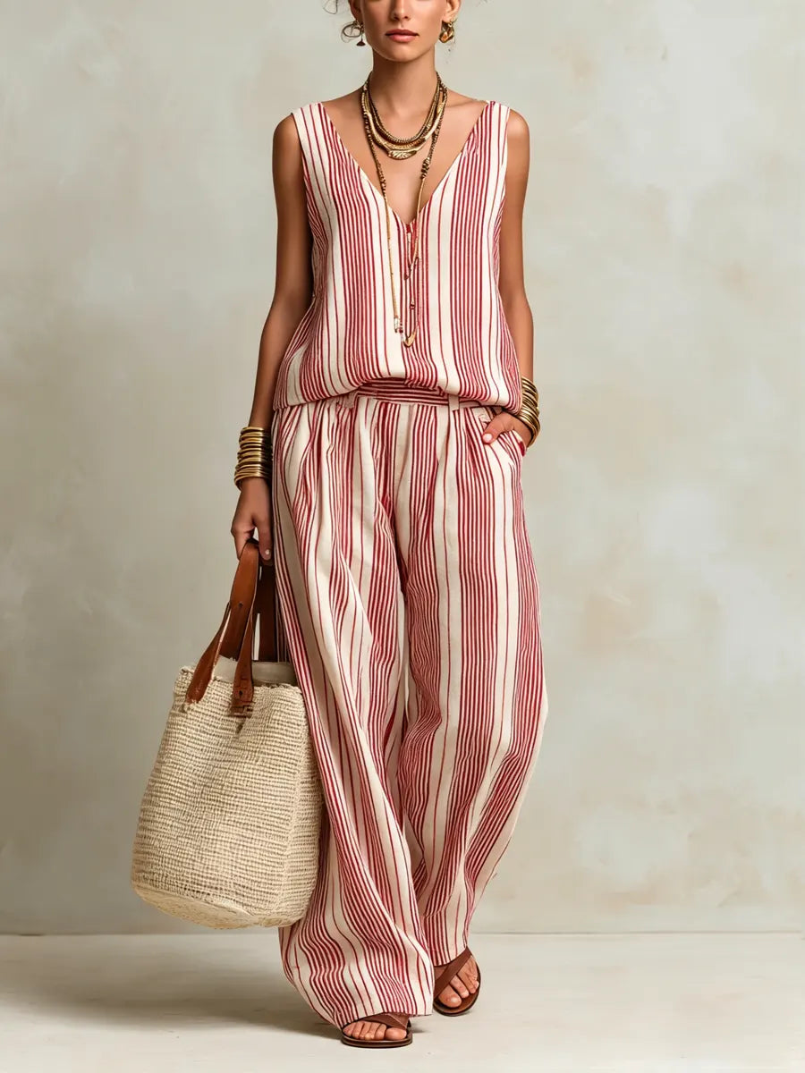 Roos - Stijlvolle Linnen Set Dames met Gestreepte Maxi Rok en Mouwloos Top