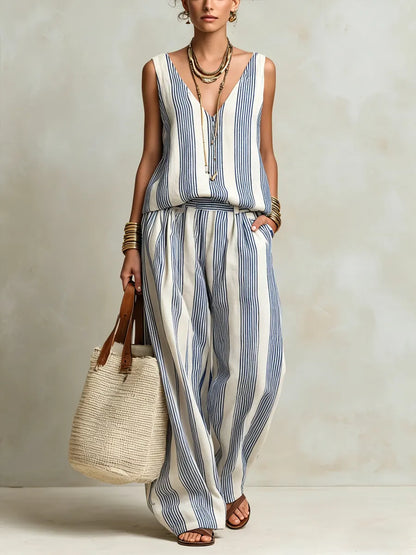 Roos - Stijlvolle Linnen Set Dames met Gestreepte Maxi Rok en Mouwloos Top