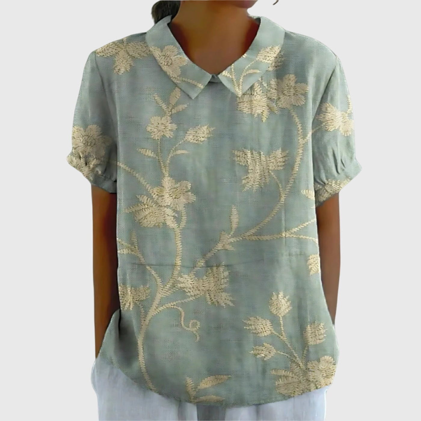 Roos - Vintage Linnen Overhemd Dames met Bloemenprint en Korte Mouwen