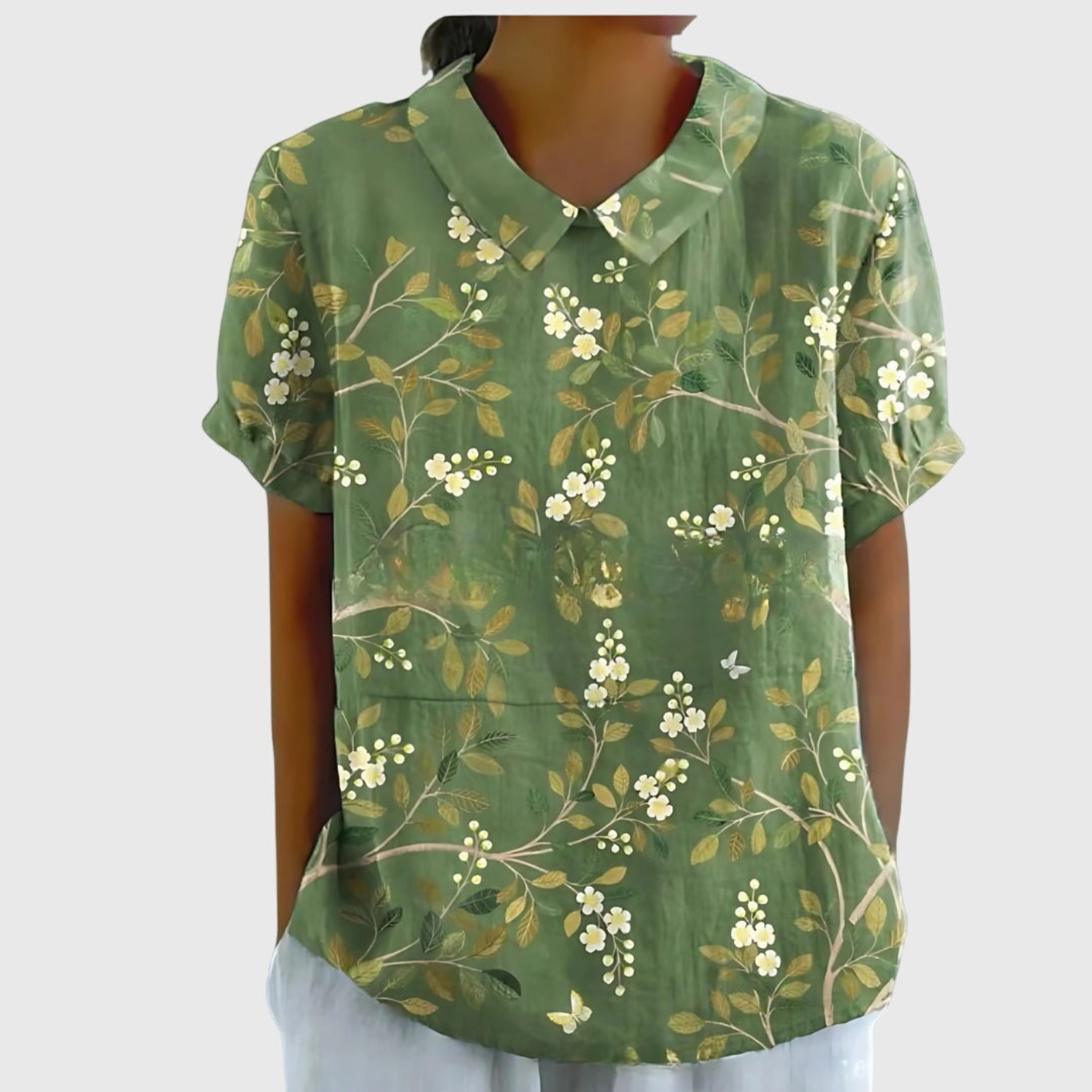 Roos - Vintage Linnen Overhemd Dames met Bloemenprint en Korte Mouwen