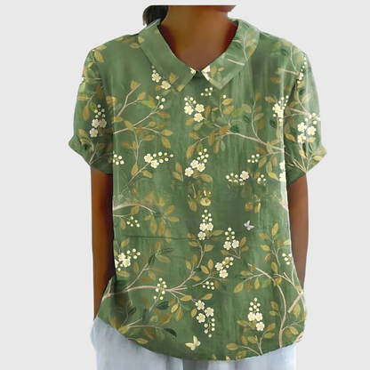 Roos - Vintage Linnen Overhemd Dames met Bloemenprint en Korte Mouwen