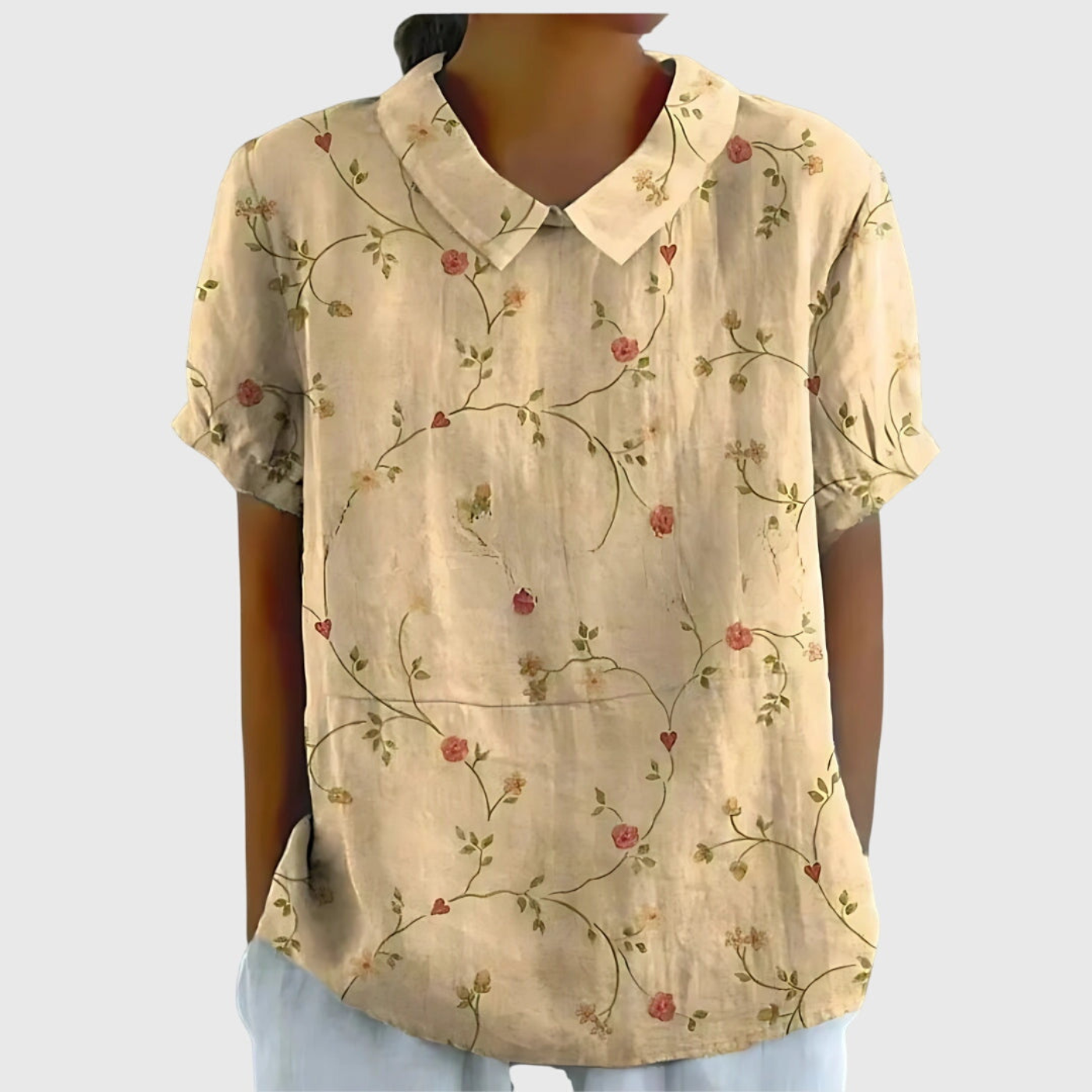Roos - Vintage Linnen Overhemd Dames met Bloemenprint en Korte Mouwen