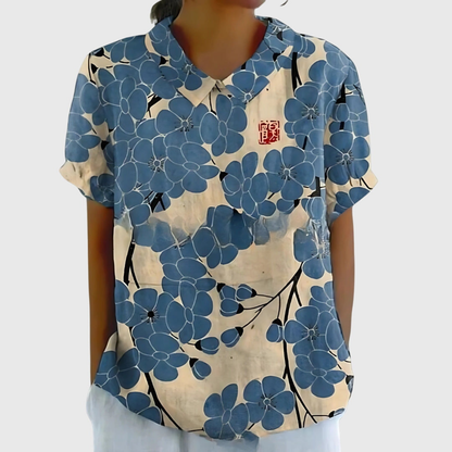 Roos - Vintage Linnen Overhemd Dames met Bloemenprint en Korte Mouwen
