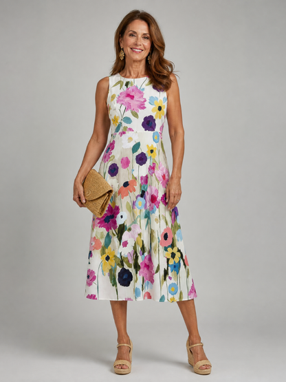 Roos - Vrolijke Zomerjurk Dames Midi met Kleurrijke Bloemenprint en Mouwloos