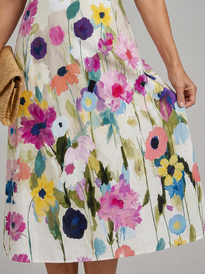 Roos - Vrolijke Zomerjurk Dames Midi met Kleurrijke Bloemenprint en Mouwloos