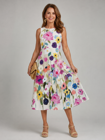 Roos - Vrolijke Zomerjurk Dames Midi met Kleurrijke Bloemenprint en Mouwloos