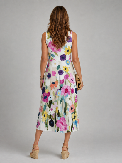 Roos - Vrolijke Zomerjurk Dames Midi met Kleurrijke Bloemenprint en Mouwloos