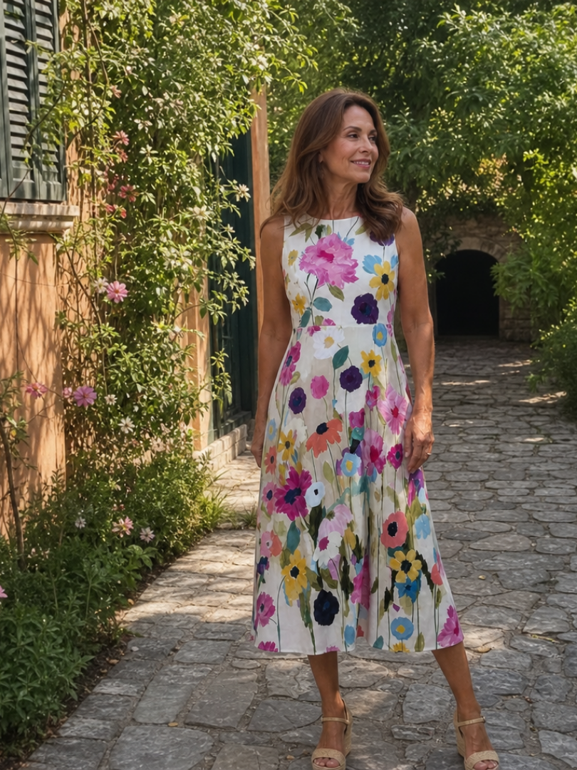 Roos - Vrolijke Zomerjurk Dames Midi met Kleurrijke Bloemenprint en Mouwloos