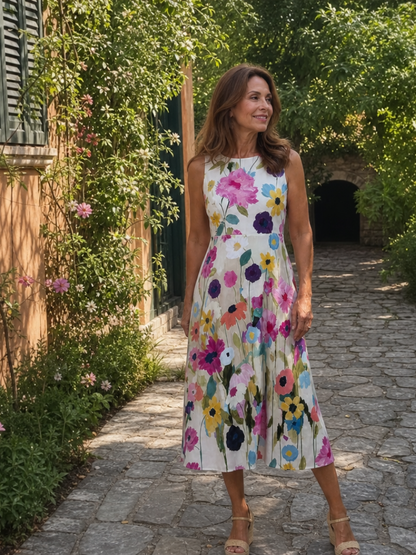 Roos - Vrolijke Zomerjurk Dames Midi met Kleurrijke Bloemenprint en Mouwloos