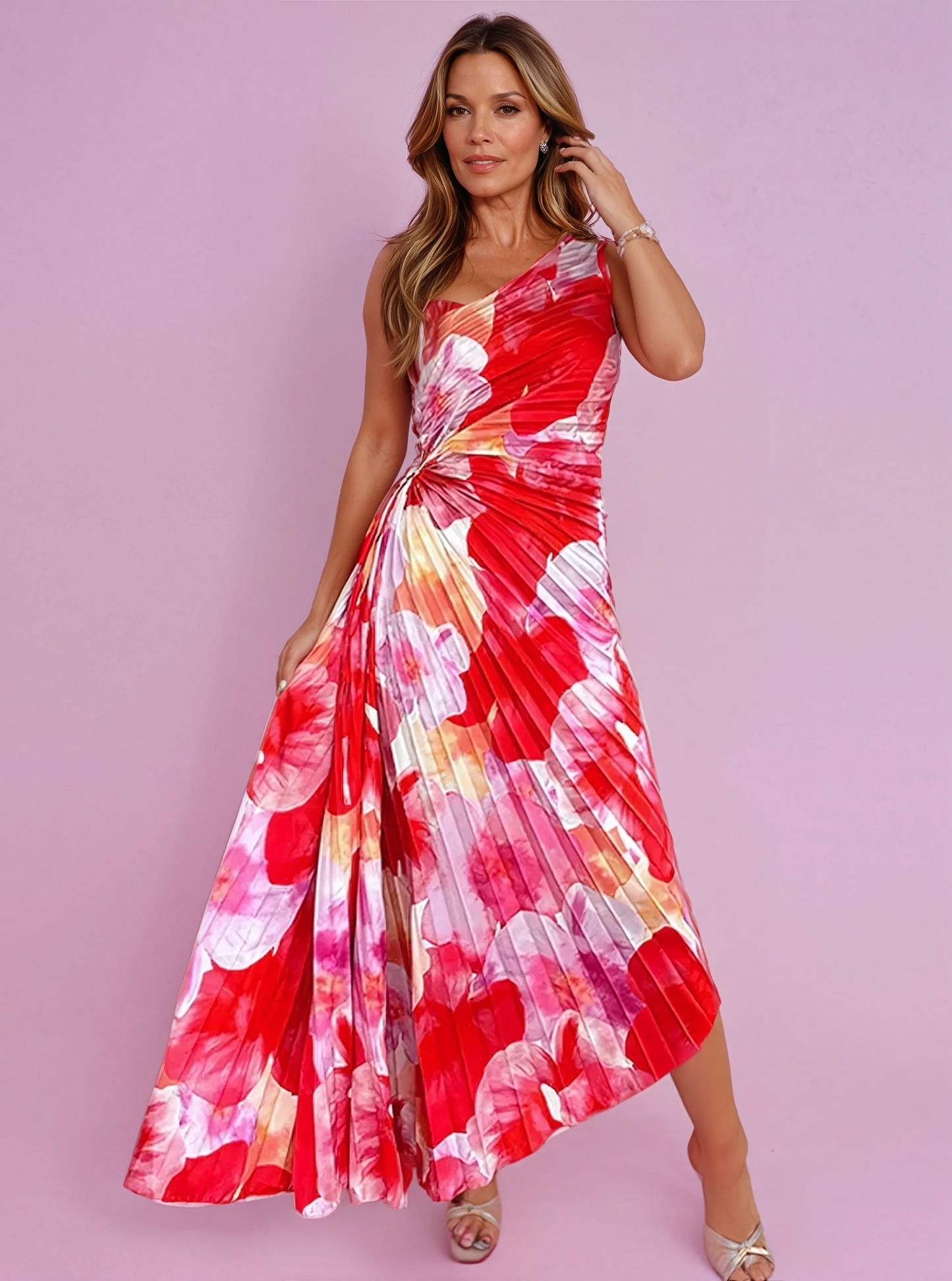 Roos - Vrolijke Zomerjurk Dames met V-hals en Geplooide Maxi Rok