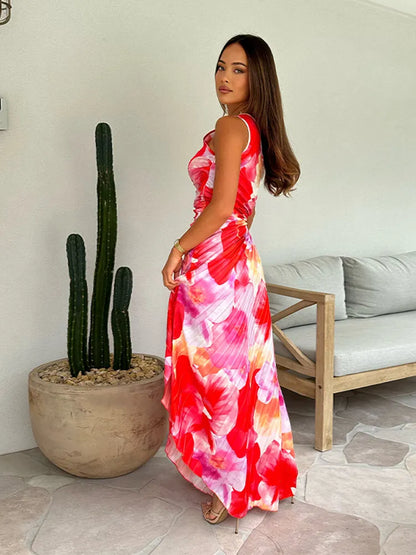 Roos - Vrolijke Zomerjurk Dames met V-hals en Geplooide Maxi Rok