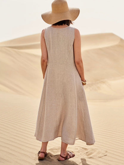 Saar - Boho Linnen-Katoen Maxi Jurk Dames mouwloos met Diepe Zakken