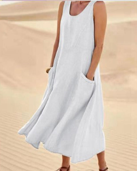 Saar - Boho Linnen-Katoen Maxi Jurk Dames mouwloos met Diepe Zakken