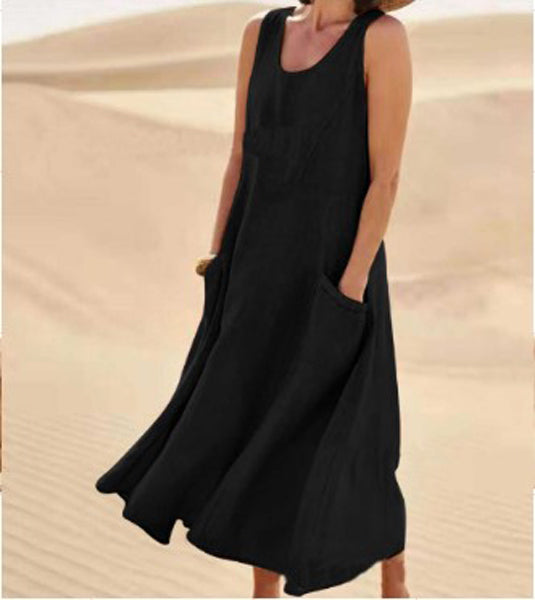 Saar - Boho Linnen-Katoen Maxi Jurk Dames mouwloos met Diepe Zakken