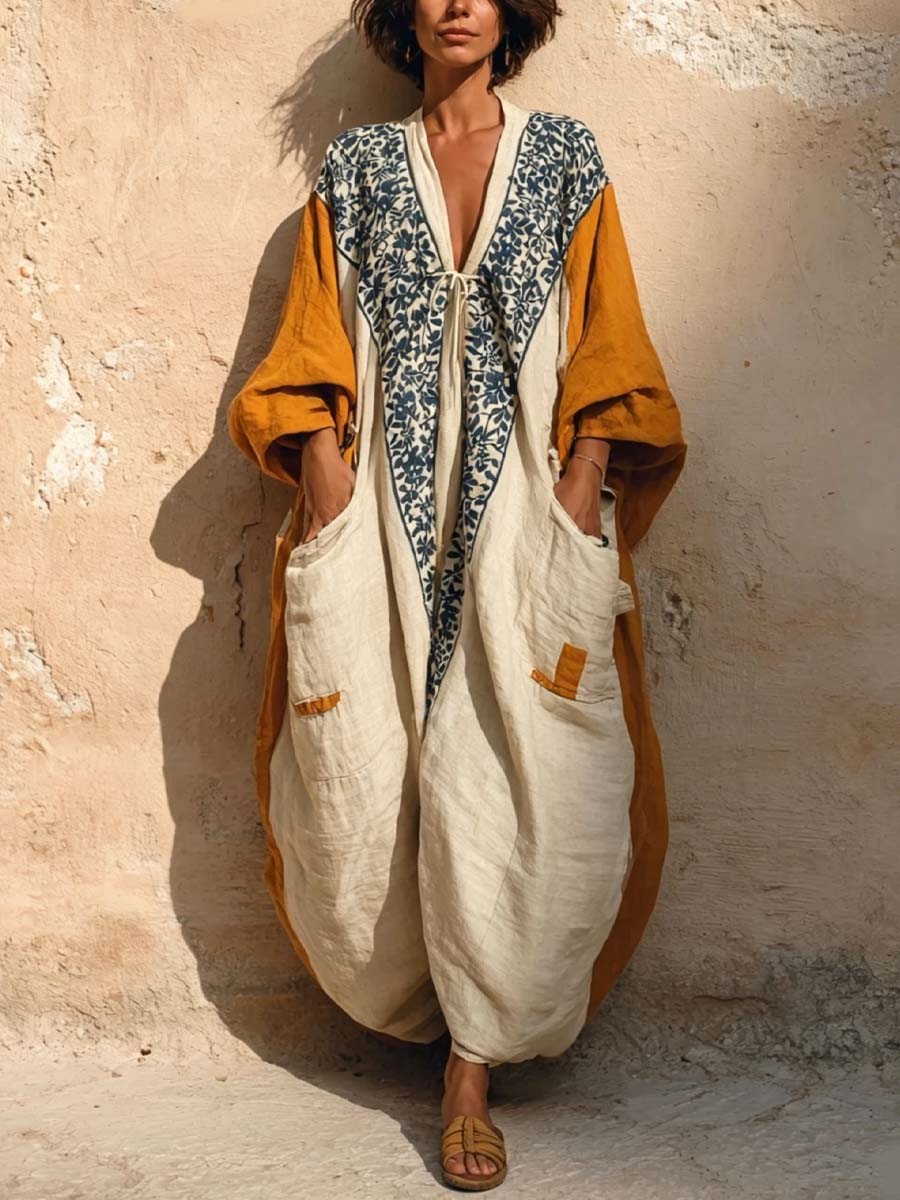 Saar - Boho Linnen Jumpsuit Dames met Diepe V-hals en Kleurblok Patchwork
